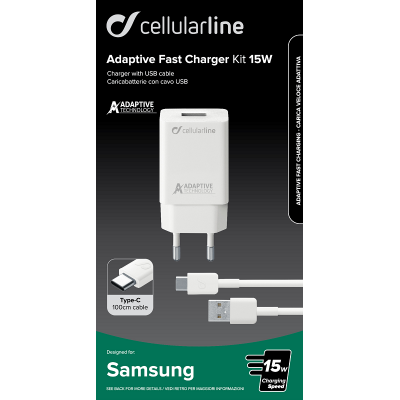 CELLULAR LINE 303906 Σετ Φορτιστής Samsung με Θύρα USB-A και Καλώδιο Type-C 15W Λευκό