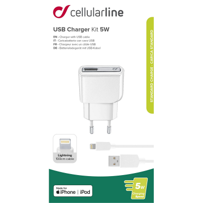 CELLULAR LINE 175442 Σετ Φορτιστής Σπιτιού με Θύρα USB-A και Καλώδιο Lightning 5W Λευκό