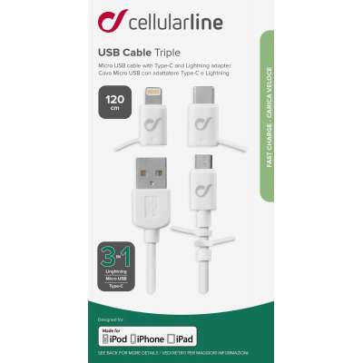 CELLULAR LINE 316111 USB Καλώδιο Συγχρονισμού και Φόρτισης microUSB/Lightning/Type-C (1m) Λευκό