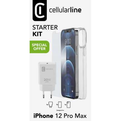 CELLULAR LINE 413933 Σετ Start Kit Φορτιστής Σπιτιού 20W/Θήκη Σιλικόνης/Γυαλί προστασίας για iPhone 12 Pro Max