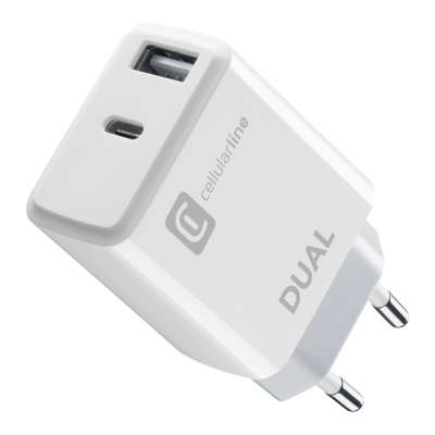 CELLULAR LINE 414091 Φορτιστής Σπιτιού Dual Charger με Θύρα USB-A και Type-C 20W Λευκός