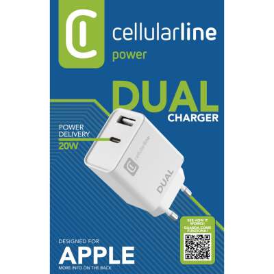 CELLULAR LINE 414091 Φορτιστής Σπιτιού Dual Charger με Θύρα USB-A και Type-C 20W Λευκός