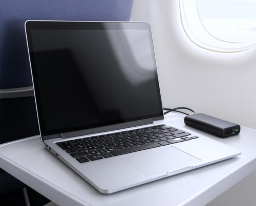 Laptop Being Charger On Airplane